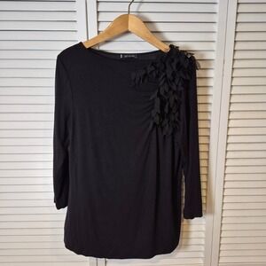 Anne Klein Black Leaf Applique Long Sleeve Top Blouse Womens L Boat Neck Classic